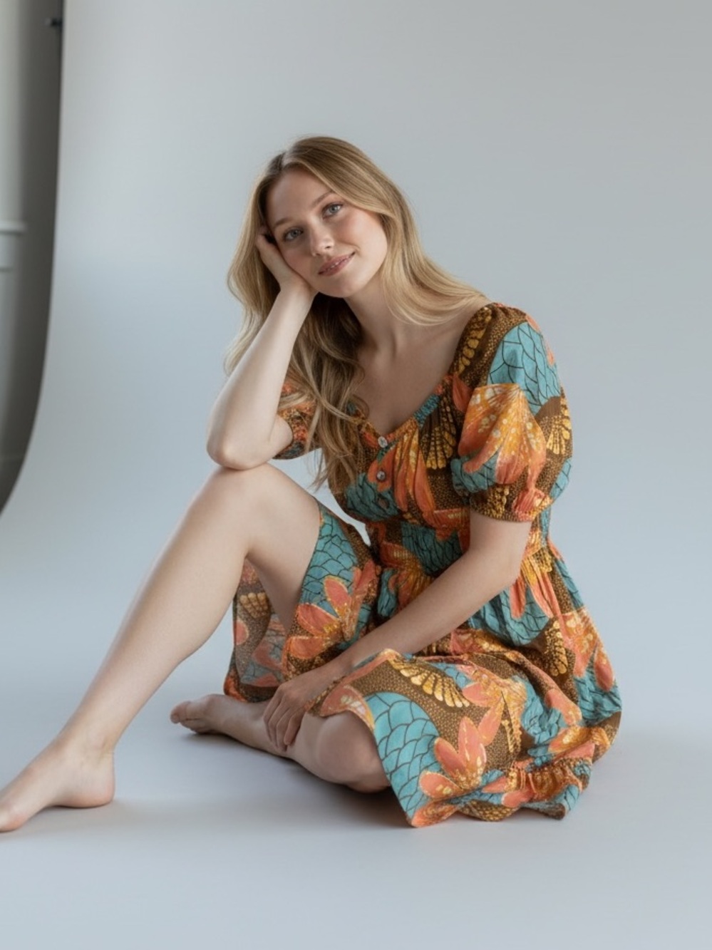 Cleobella Floral Puff-Sleeve Short Dress — Orange & Teal Small